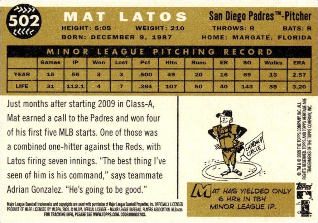 2009 Topps Heritage Mat Latos #502 baseball trading card back