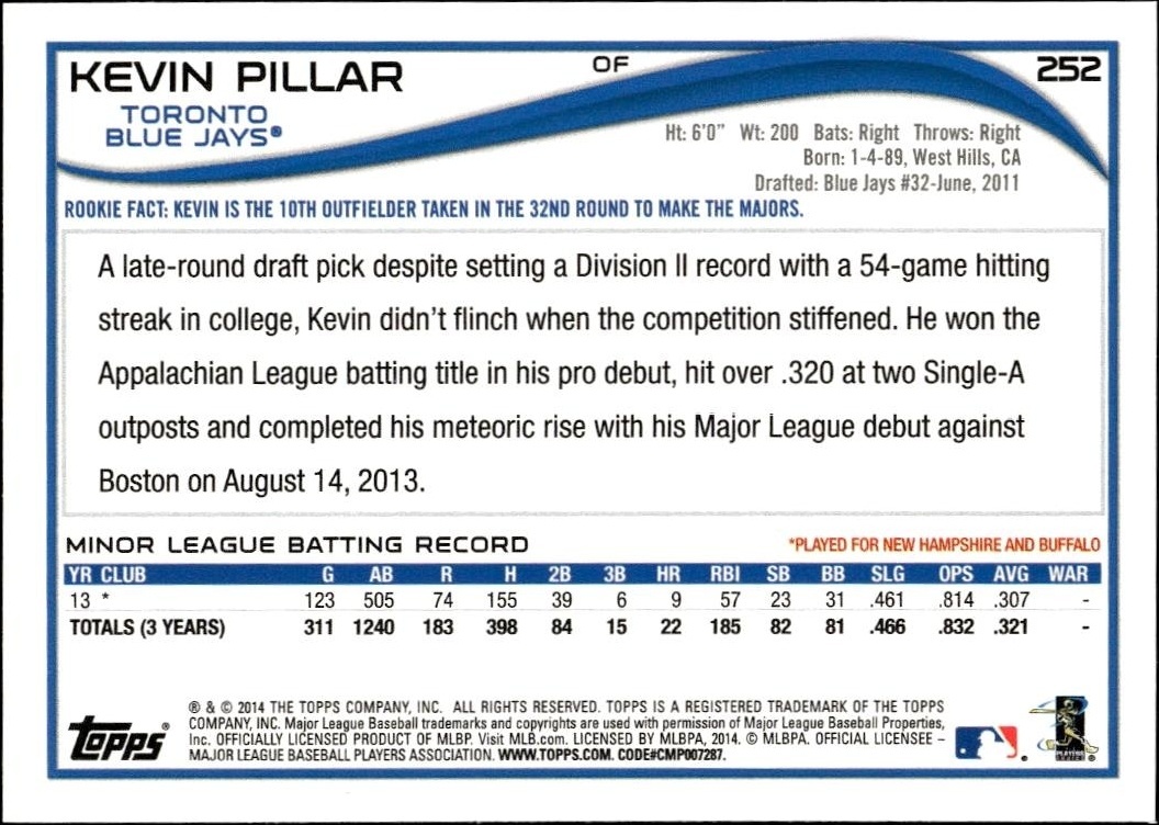 2014 Topps Kevin Pillar #252 baseball trading card back