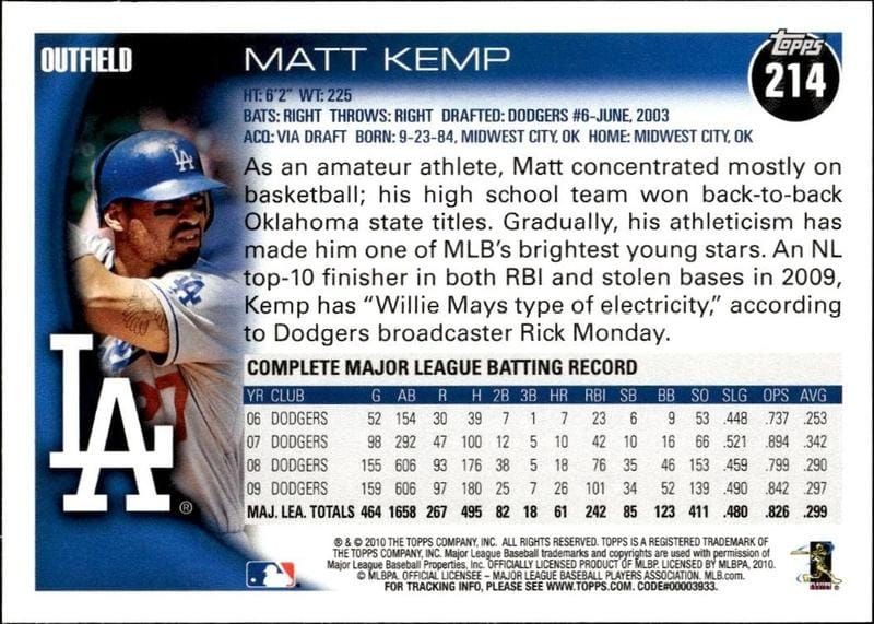 2010 Topps Matt Kemp #214 baseball trading card back