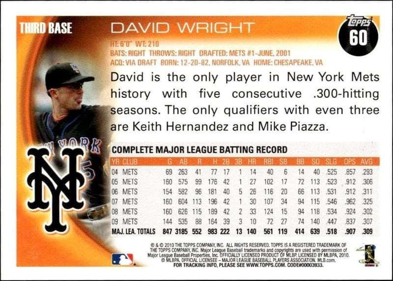 2010 Topps David Wright #60 baseball trading card back