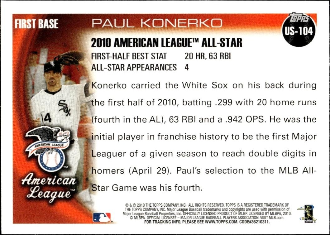 2010 Topps Update Paul Konerko #US-104 baseball trading card back