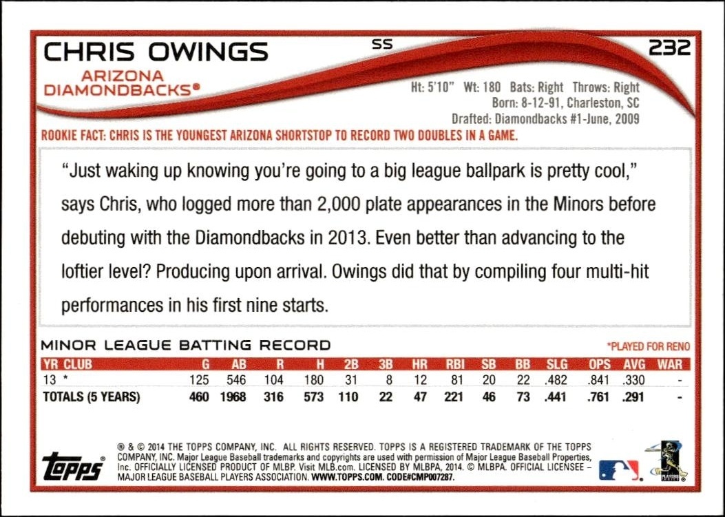 2014 Topps Chris Owings #232 baseball trading card back