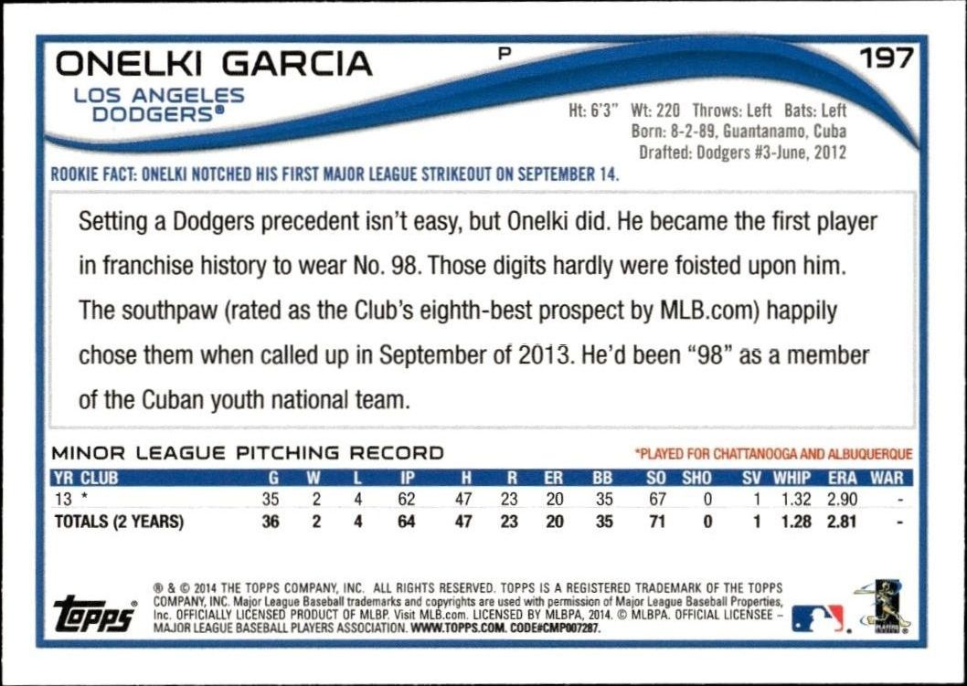 2014 Topps Onelki Garcia #197 baseball trading card back