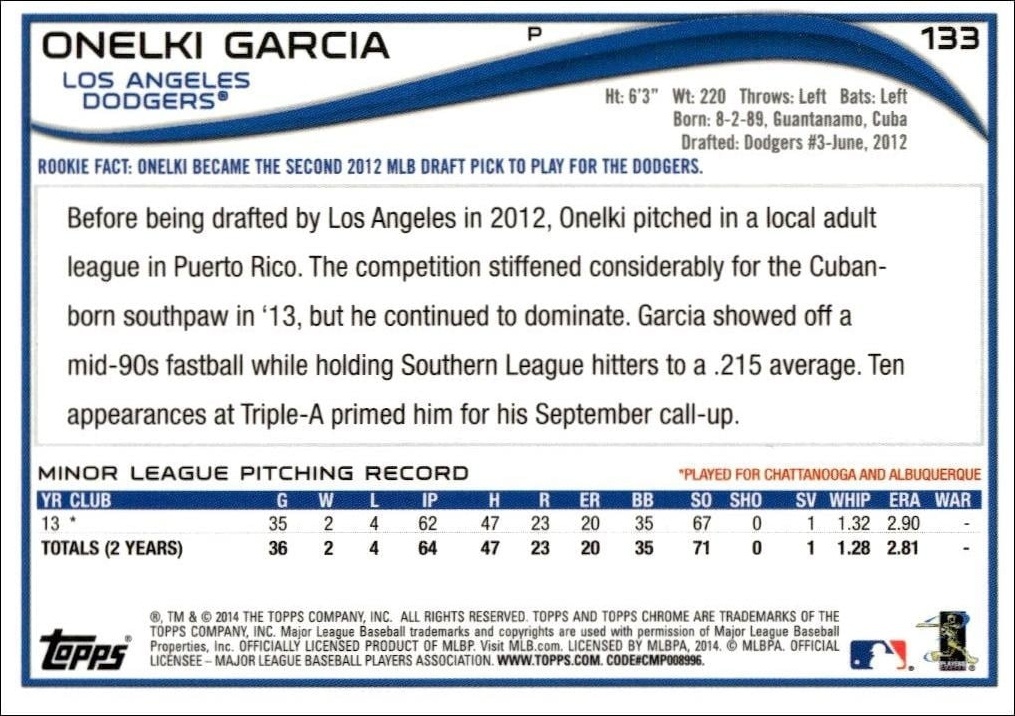 2014 Topps Chrome Onelki Garcia #133 baseball trading card back