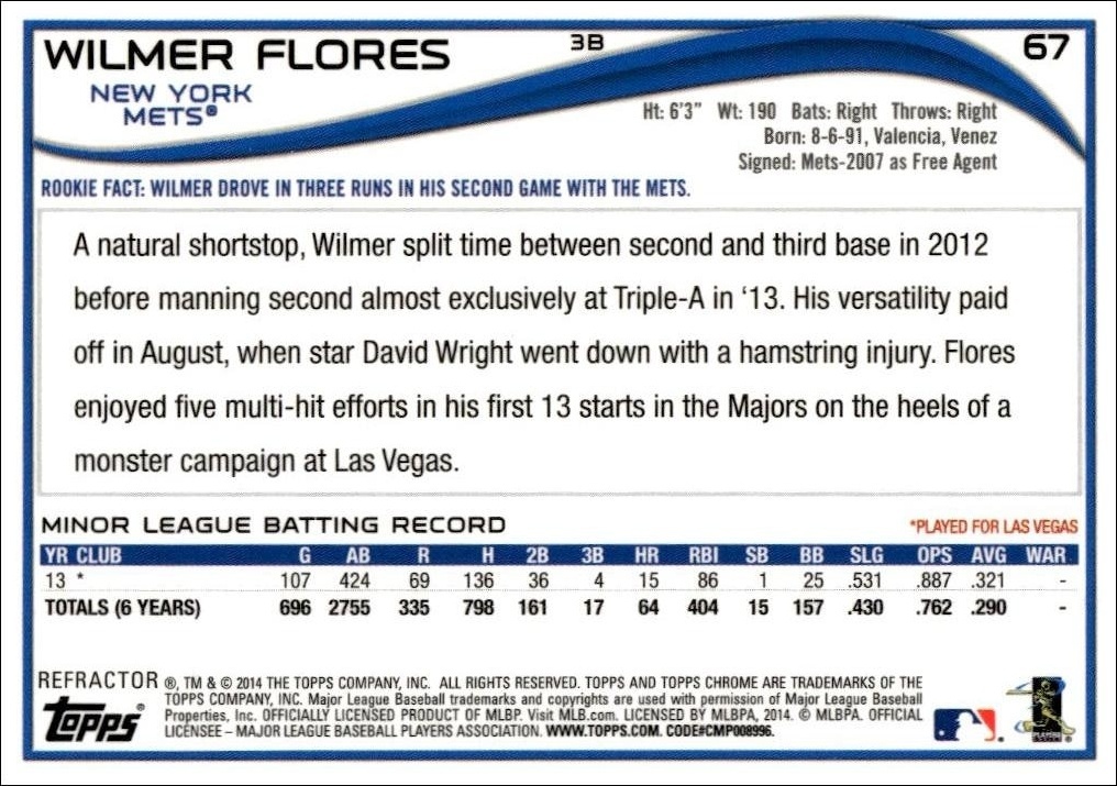 2014 Topps Chrome Wilmer Flores #67 baseball trading card back