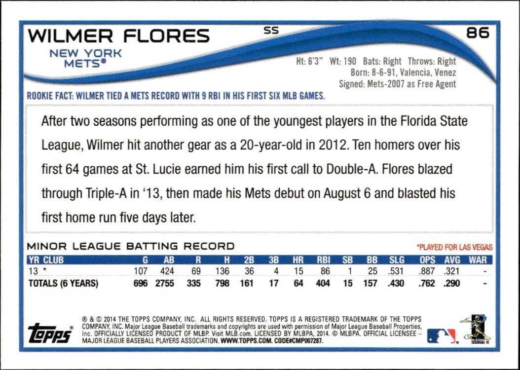 2014 Topps Wilmer Flores #86 baseball trading card back