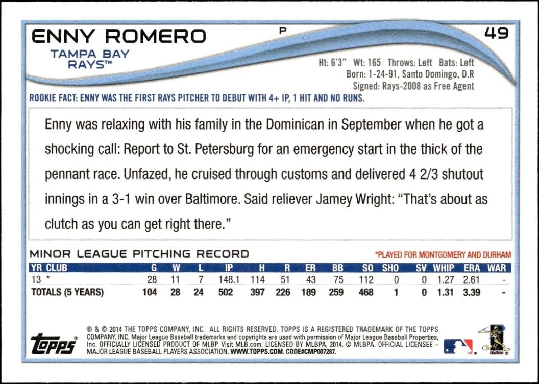 2014 Topps Enny Romero #49 baseball trading card back