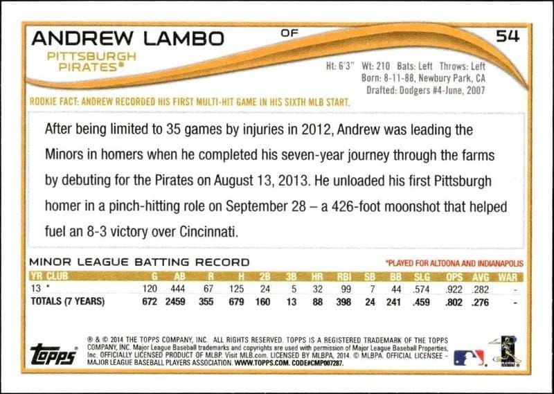 2014 Topps Andrew Lambo #54 baseball trading card back