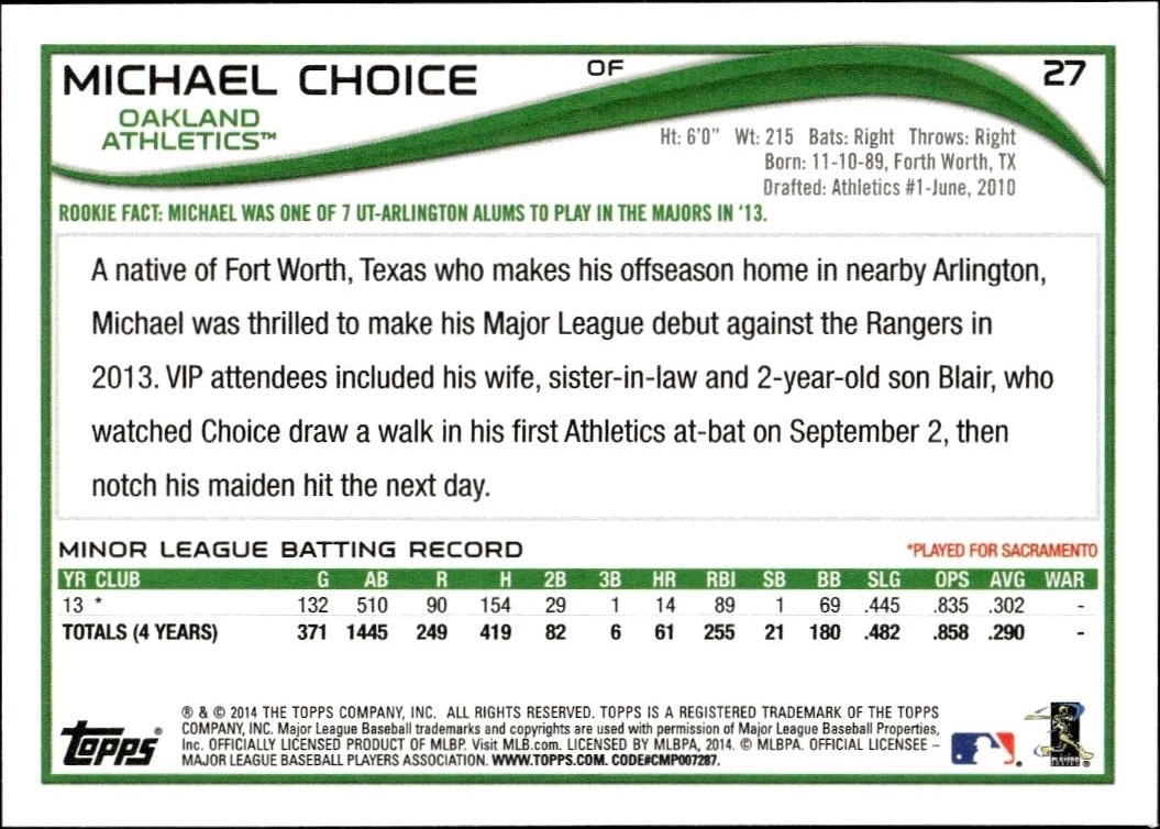 2014 Topps Michael Choice #27 baseball trading card back