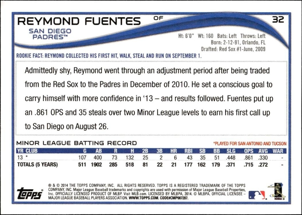2014 Topps Reymond Fuentes #32 baseball trading card back
