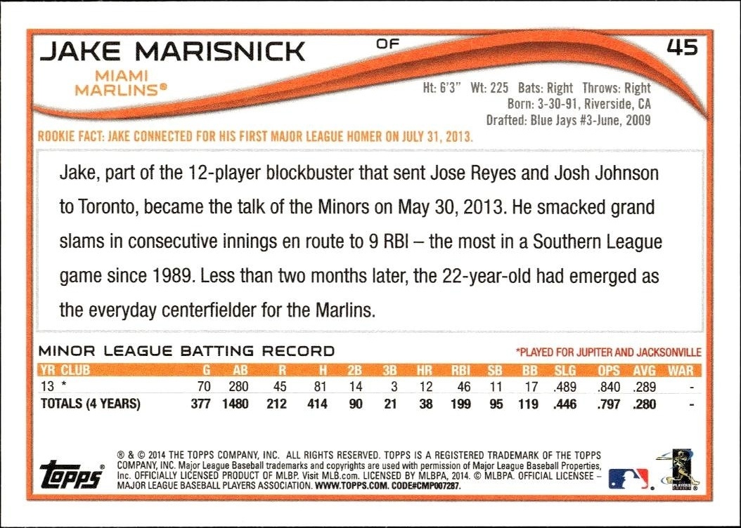 2014 Topps Jake Marisnick #45 baseball trading card back
