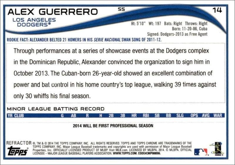 2014 Topps Chrome Alex Guerrero #14 baseball trading card back