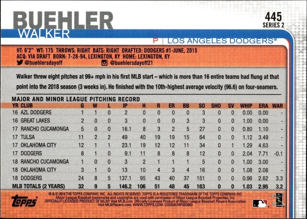 2019 Topps Series 2 Walker Buehler #445 baseball trading card back