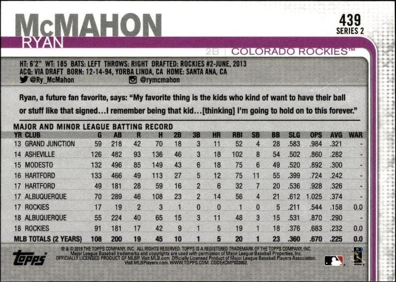 2019 Topps Series 2 Ryan McMahon #439 baseball trading card back