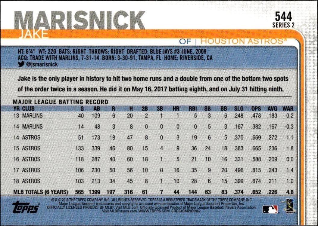 2019 Topps Series 2 Jake Marisnick #544 baseball trading card back