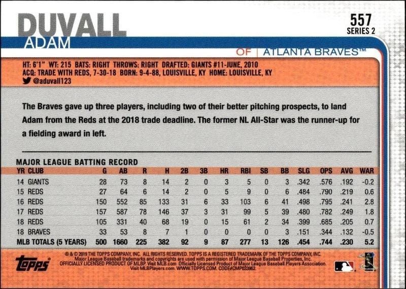 2019 Topps Series 2 Adam Duvall #557 baseball trading card back
