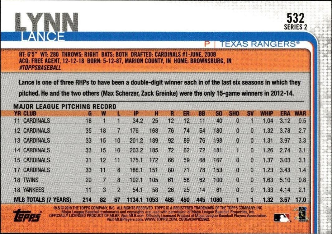2019 Topps Series 2 Lance Lynn #532 baseball trading card back