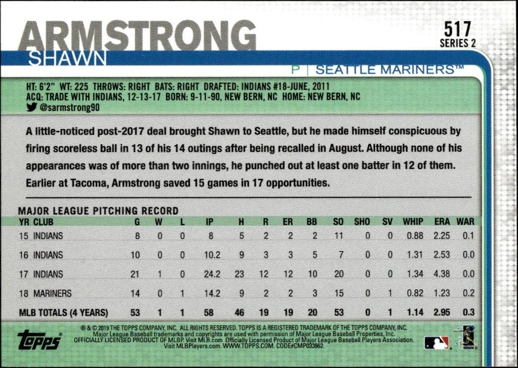 2019 Topps Series 2 Shawn Armstrong #517 baseball trading card back