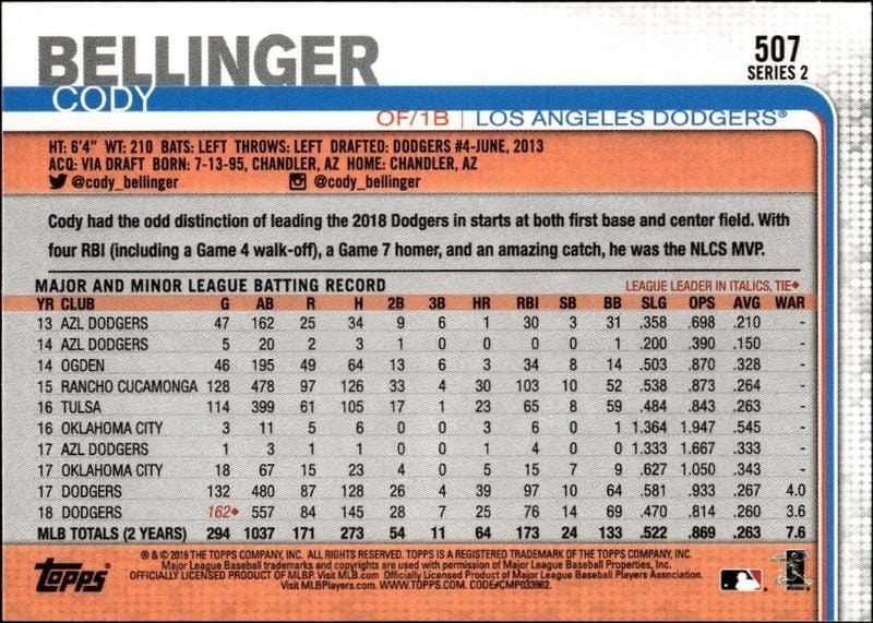 2019 Topps Series 2 Cody Bellinger #507 baseball trading card back