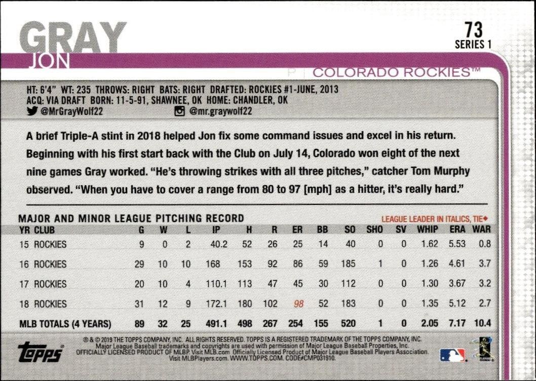 2019 Topps Jon Gray #73 baseball trading card back