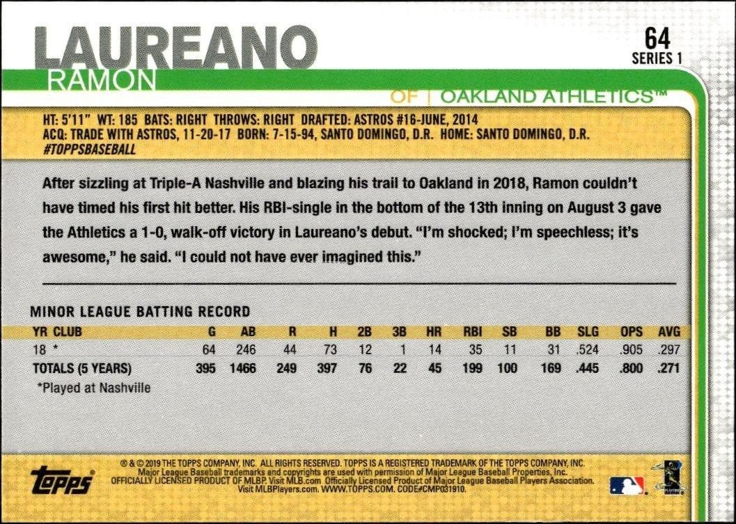 2019 Topps Ramon Laureano #64 baseball trading card back