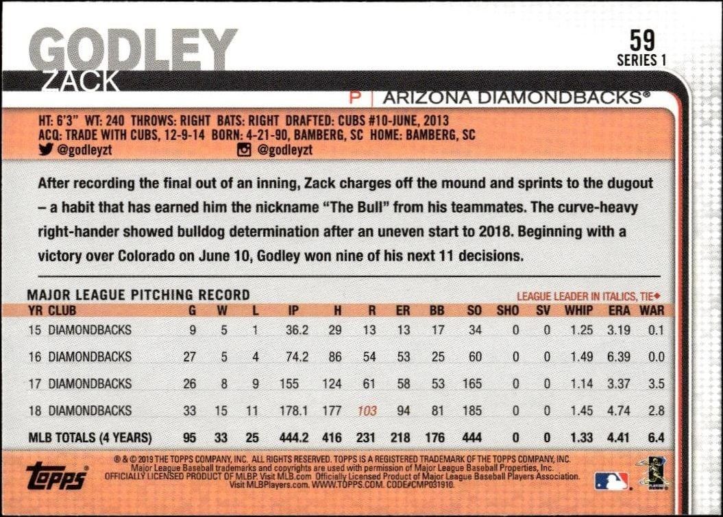 2019 Topps Zack Godley #59 baseball trading card back