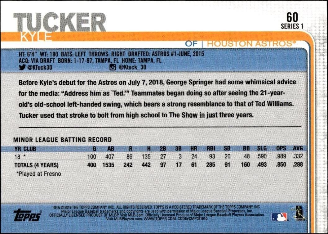 2019 Topps Kyle Tucker #60 baseball trading card back