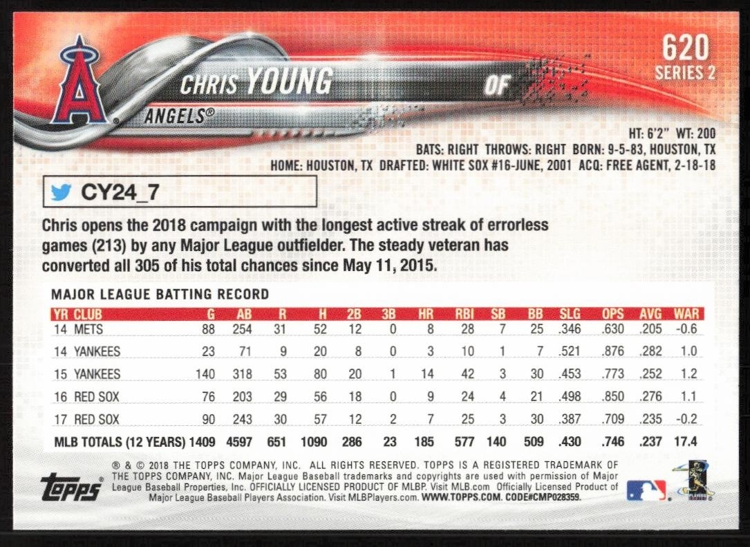 2018 Topps Series 2 Chris Young #620 baseball trading card back