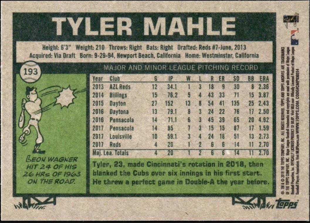 2018 Topps Archives Tyler Mahle #193 baseball trading card back