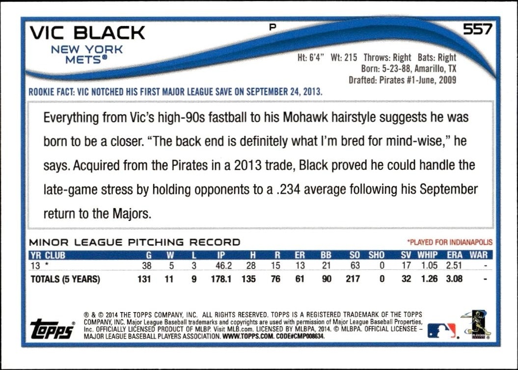 2014 Topps Series 2 Vic Black #557 baseball trading card back