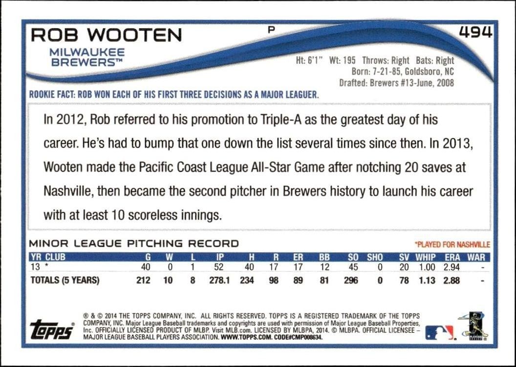 2014 Topps Series 2 Rob Wooten #494 baseball trading card back
