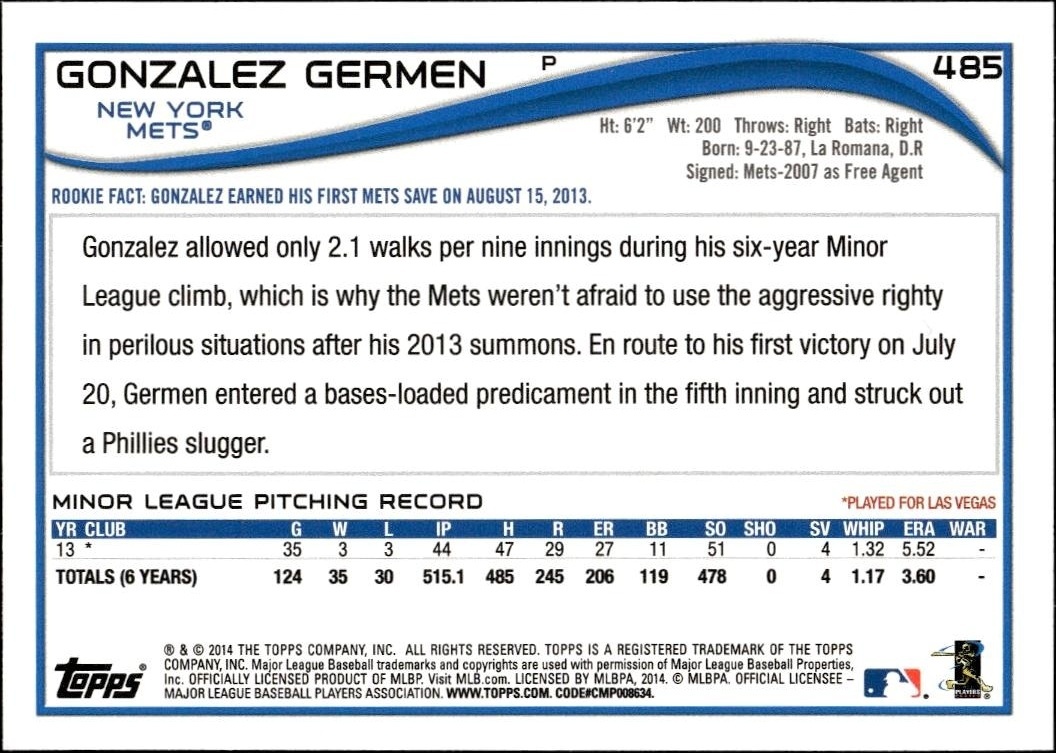 2014 Topps Series 2 Gonzalez Germen #485 baseball trading card back
