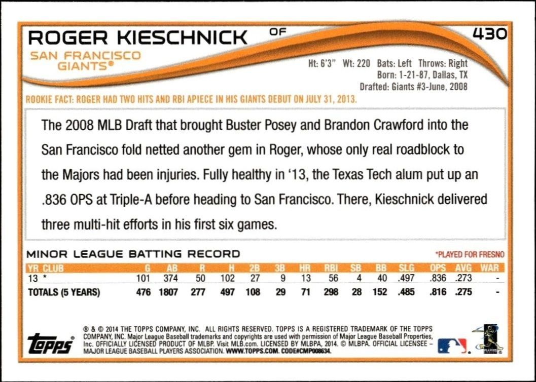 2014 Topps Series 2 Roger Kieschnick #430 baseball trading card back