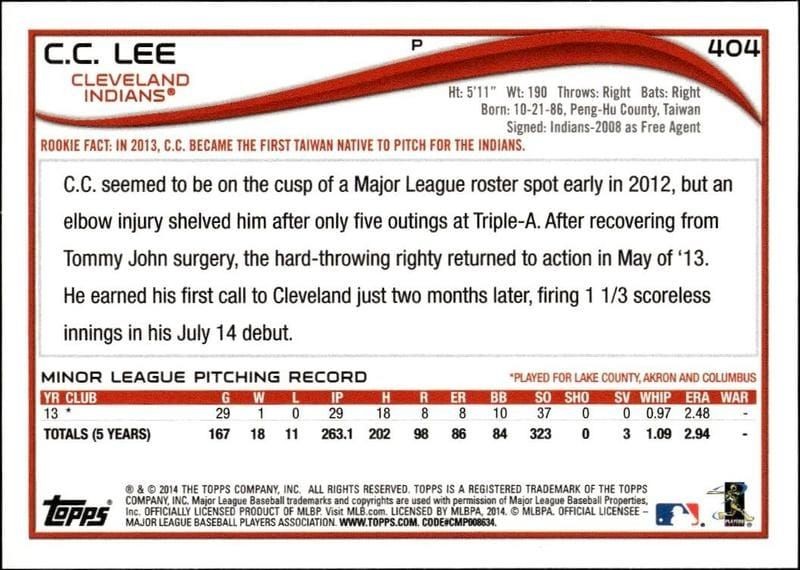 2014 Topps Series 2 C.C. Lee #404 baseball trading card back