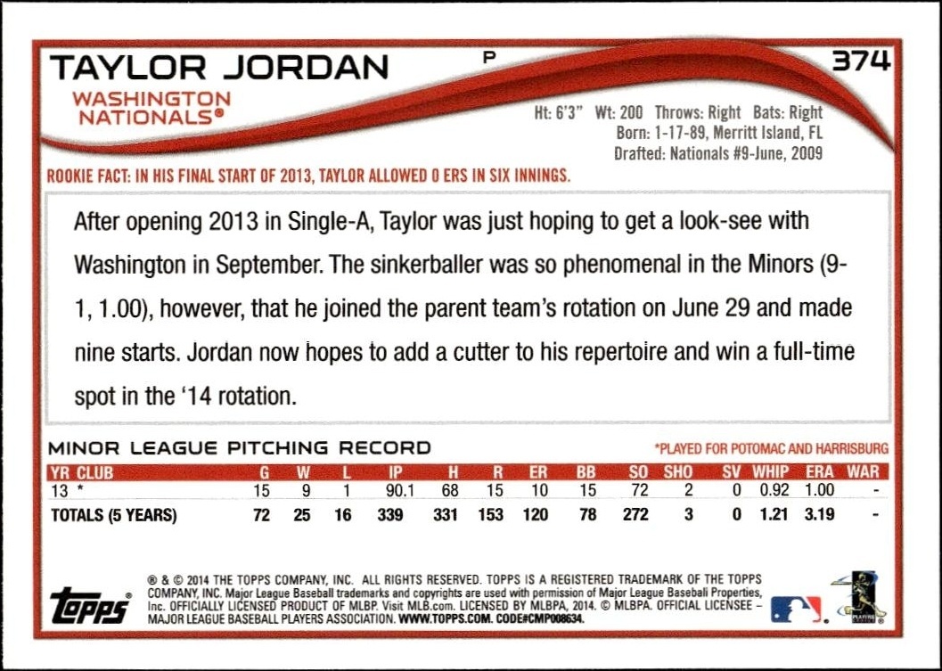 2014 Topps Series 2 Taylor Jordan #374 baseball trading card back