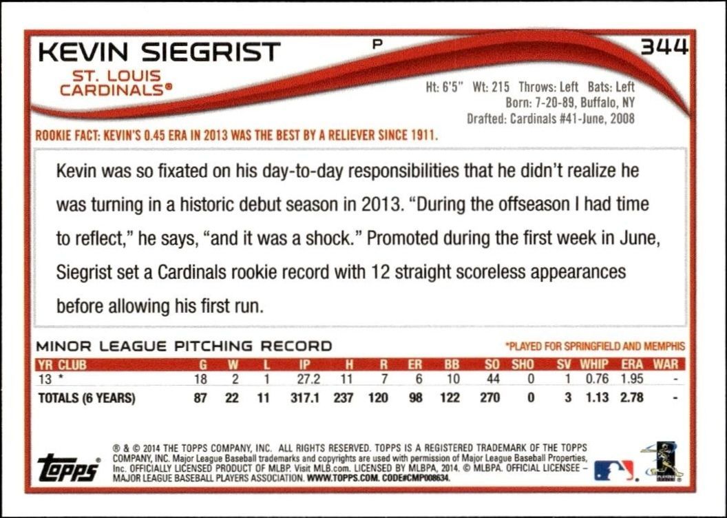 2014 Topps Series 2 Kevin Siegrist #344 baseball trading card back