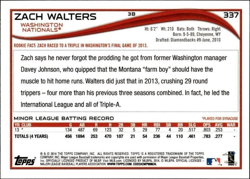 2014 Topps Series 2 Zach Walters #337 baseball trading card back