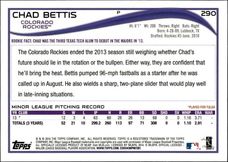 2014 Topps Chad Bettis #290 baseball trading card back