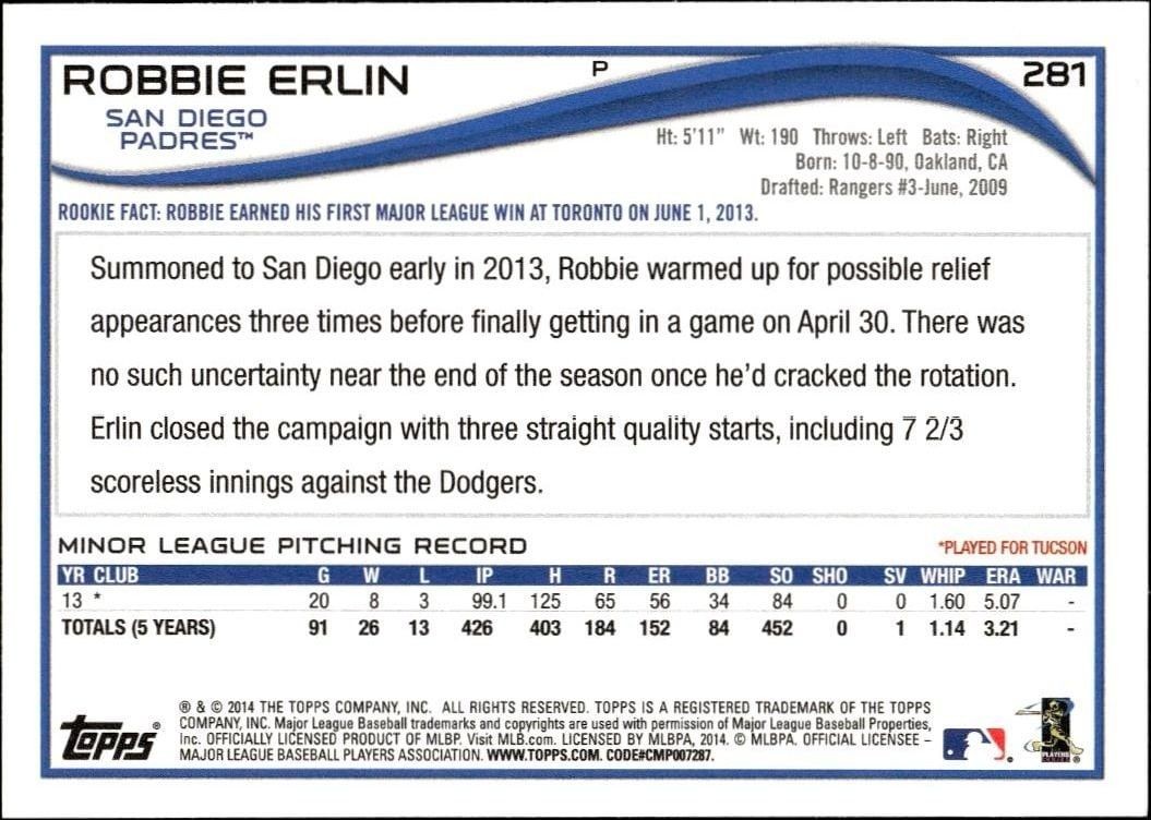 2014 Topps Robbie Erlin #281 baseball trading card back