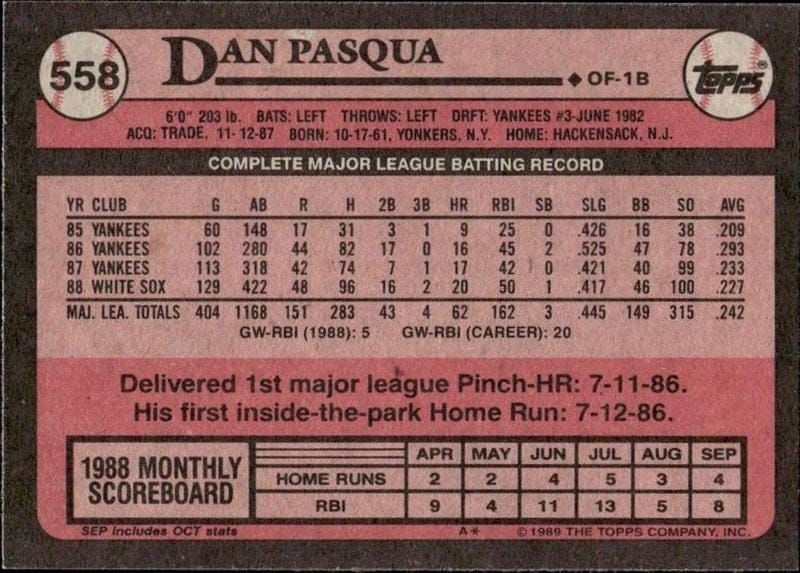 1989 Topps Dan Pasqua #558 baseball trading card back