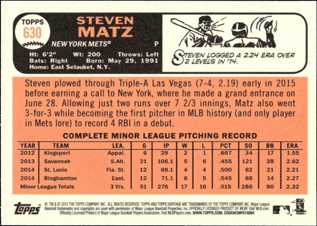 2015 Topps Heritage Steven Matz #630 baseball trading card back