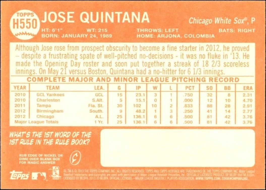 2013 Topps Heritage High Number Jose Quintana #H550 baseball trading card back