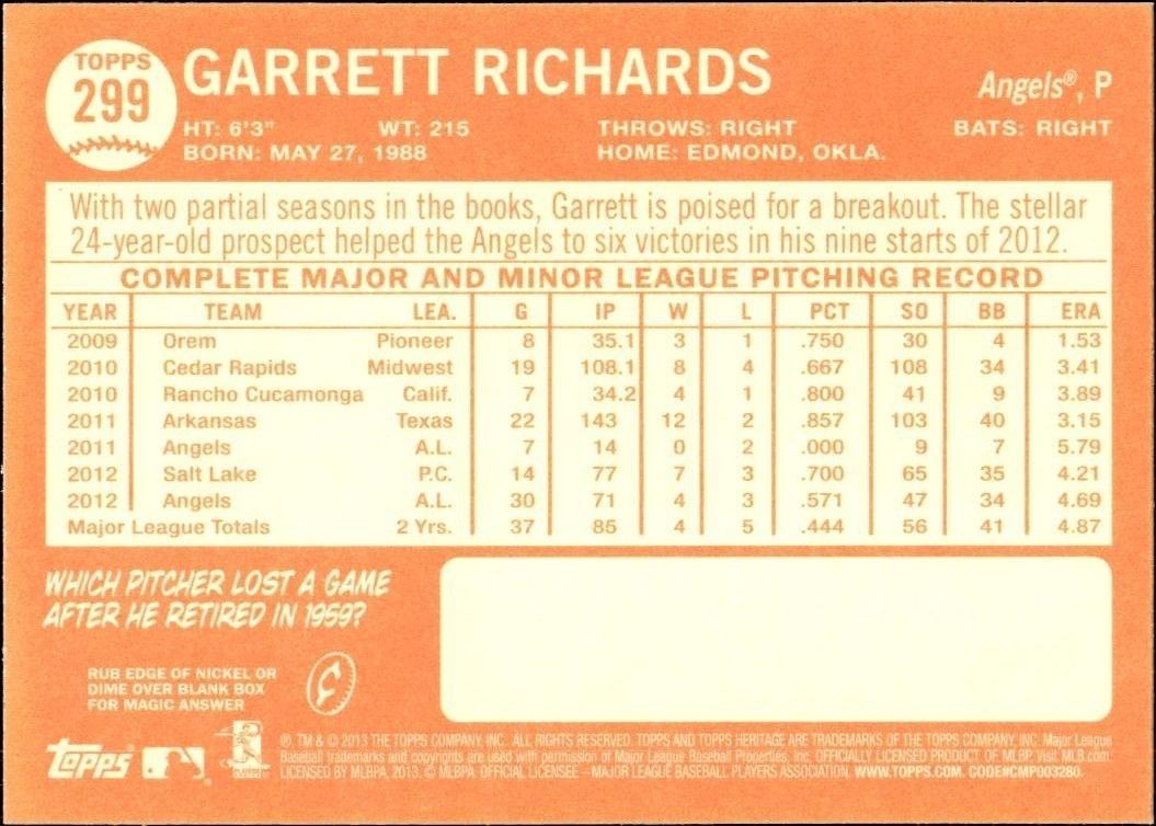 2013 Topps Heritage Garrett Richards #299 baseball trading card back