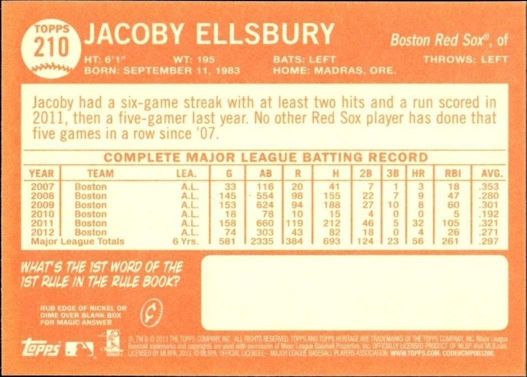 2013 Topps Heritage Jacoby Ellsbury #210 baseball trading card back