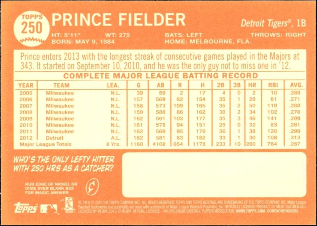 2013 Topps Heritage Prince Fielder #250 baseball trading card back