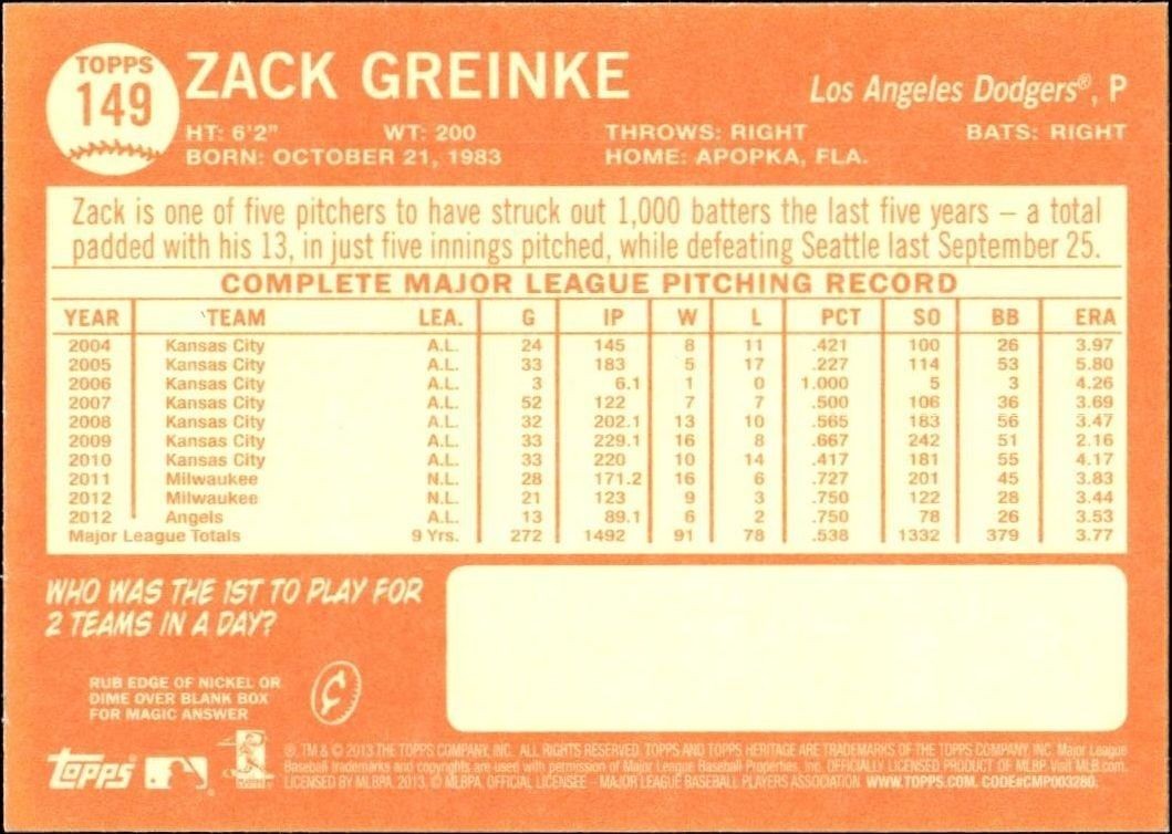 2013 Topps Heritage Zack Greinke #149 baseball trading card back