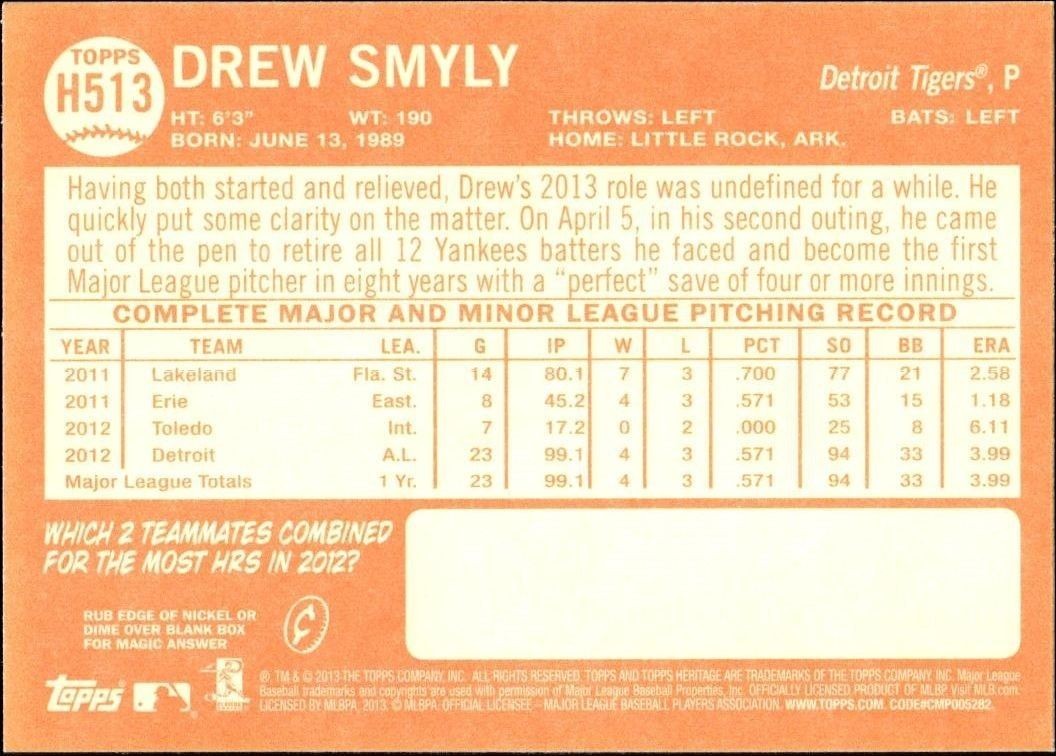 2013 Topps Heritage High Number Drew Smyly #H513 baseball trading card back