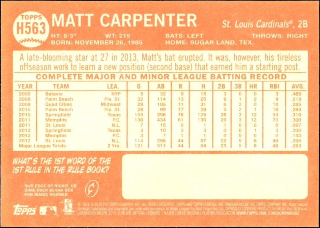 2013 Topps Heritage High Number Matt Carpenter #H563 baseball trading card back