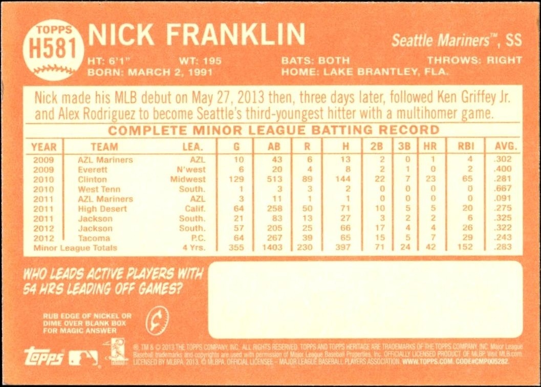 2013 Topps Heritage High Number Nick Franklin #H581 baseball trading card back