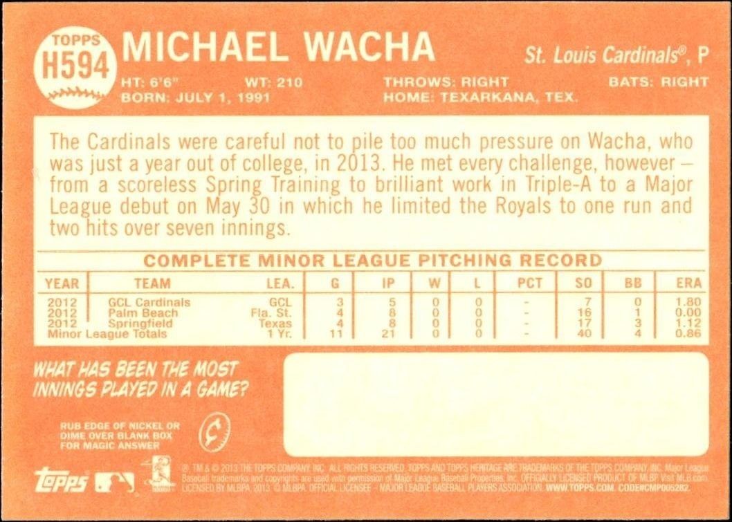 2013 Topps Heritage High Number Michael Wacha #H594 baseball trading card back